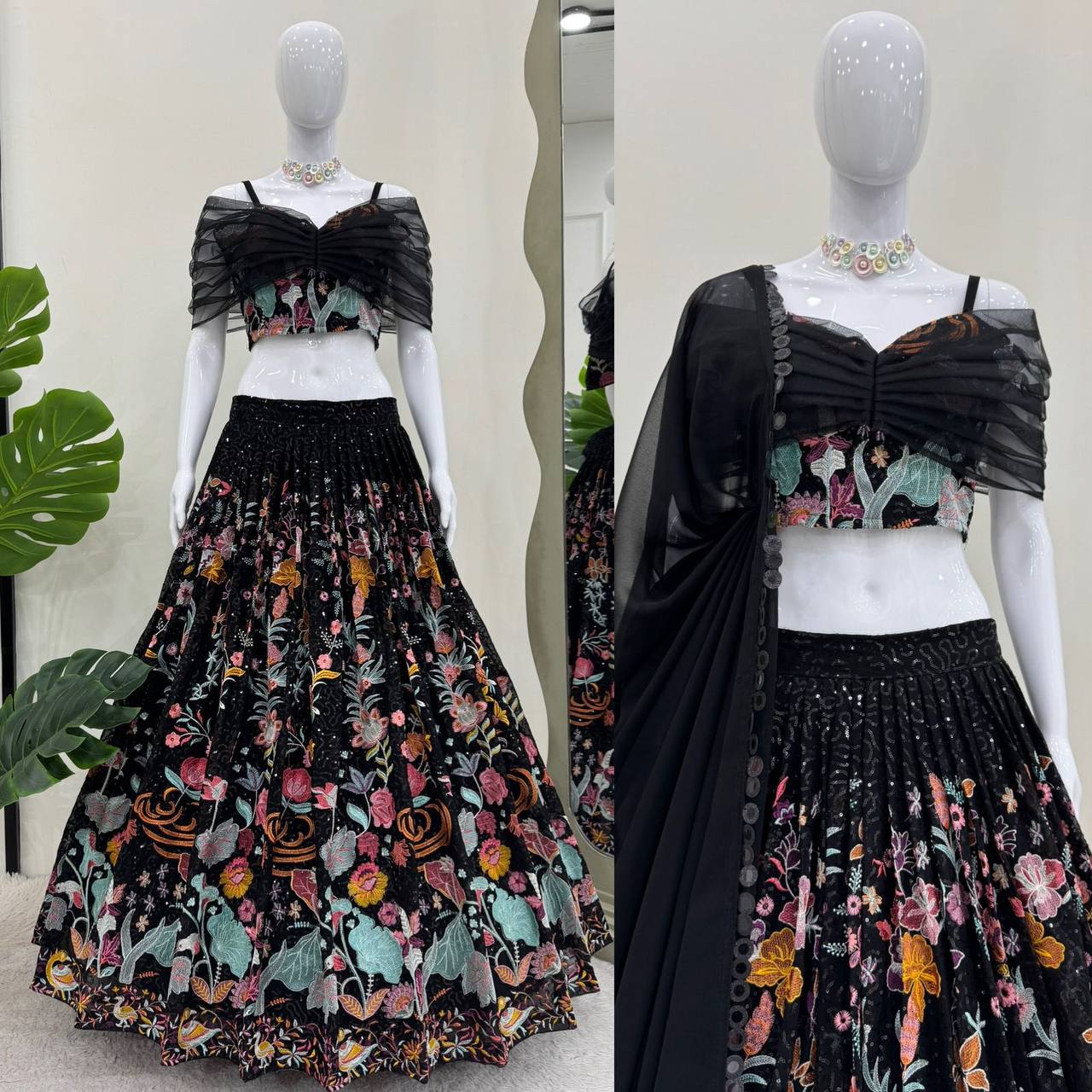 Noir New Black Foux Georgette Lehenga Set