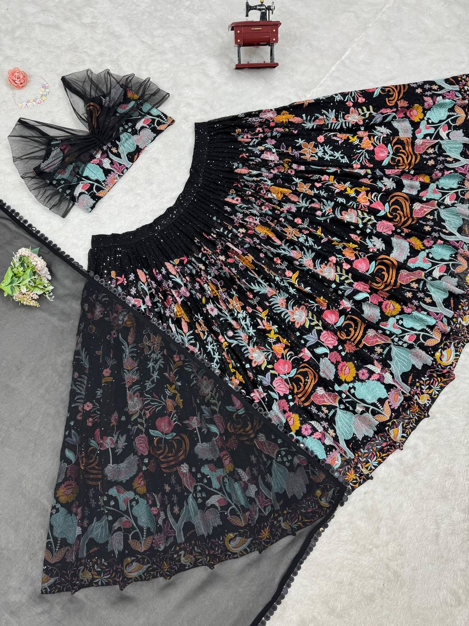 Noir New Black Foux Georgette Lehenga Set