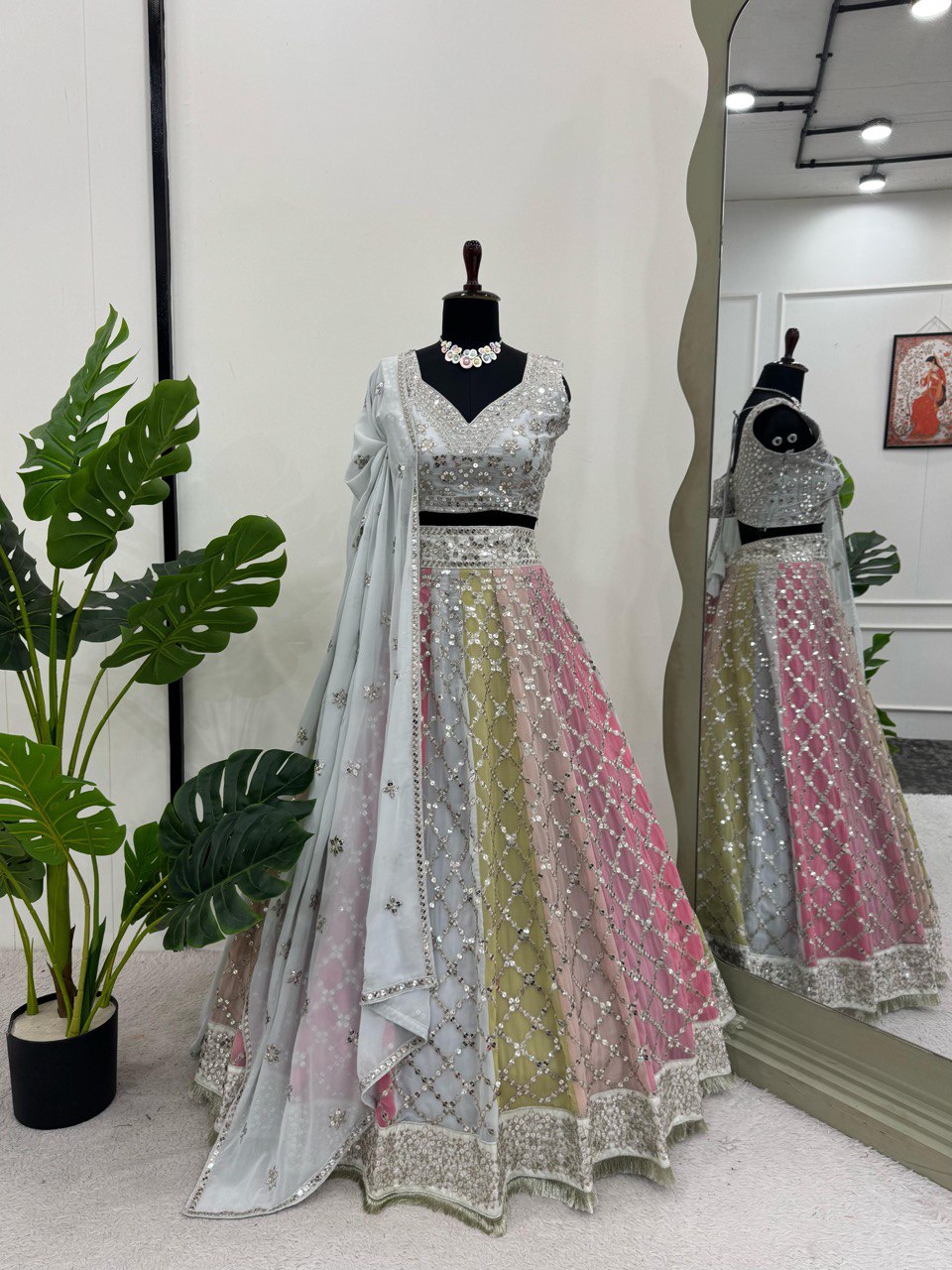 Pastel Glamour Mirror Work Ombre Lehenga