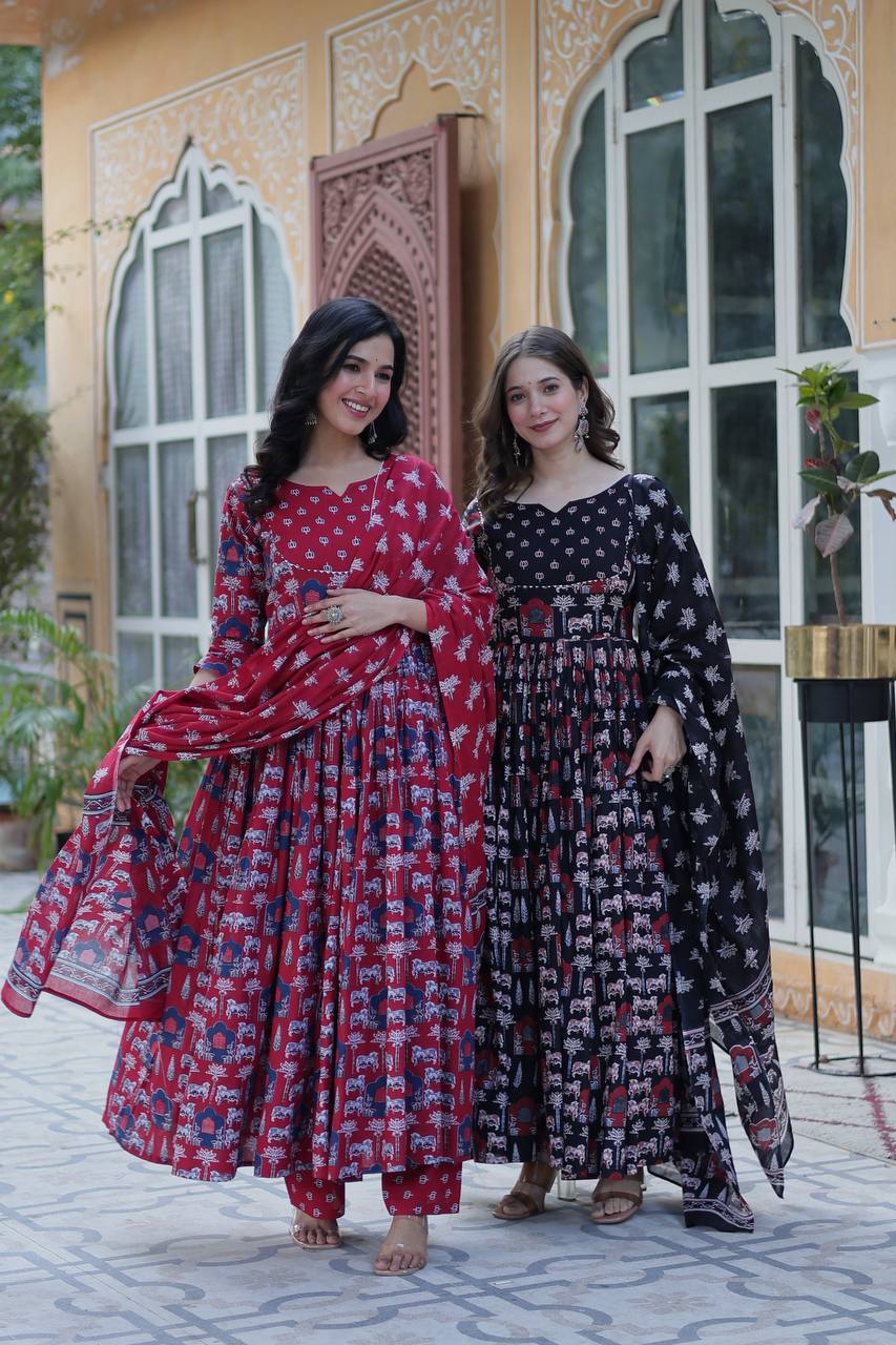 Royal Handblock Printed Cotton Anarkali Set with Dupatta