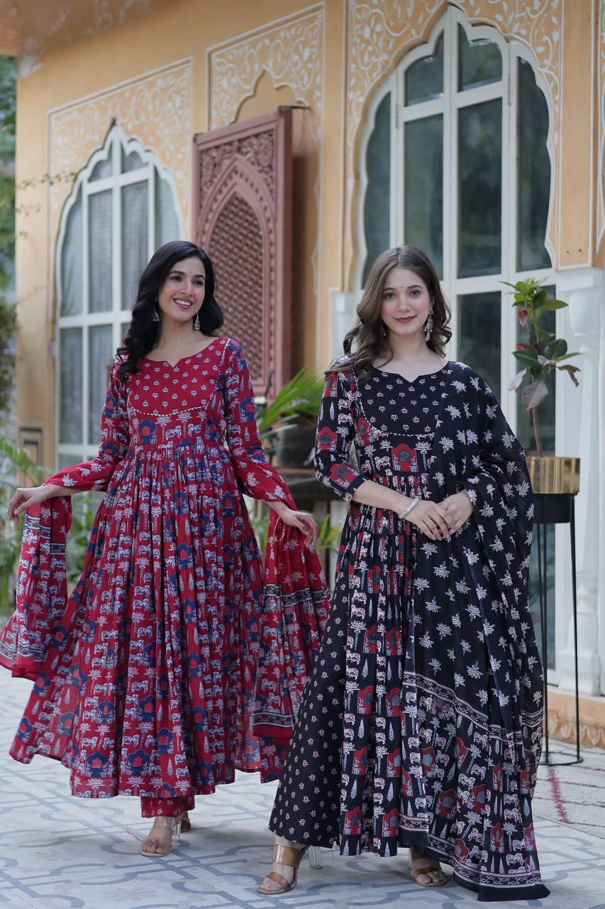 Royal Handblock Printed Cotton Anarkali Set with Dupatta