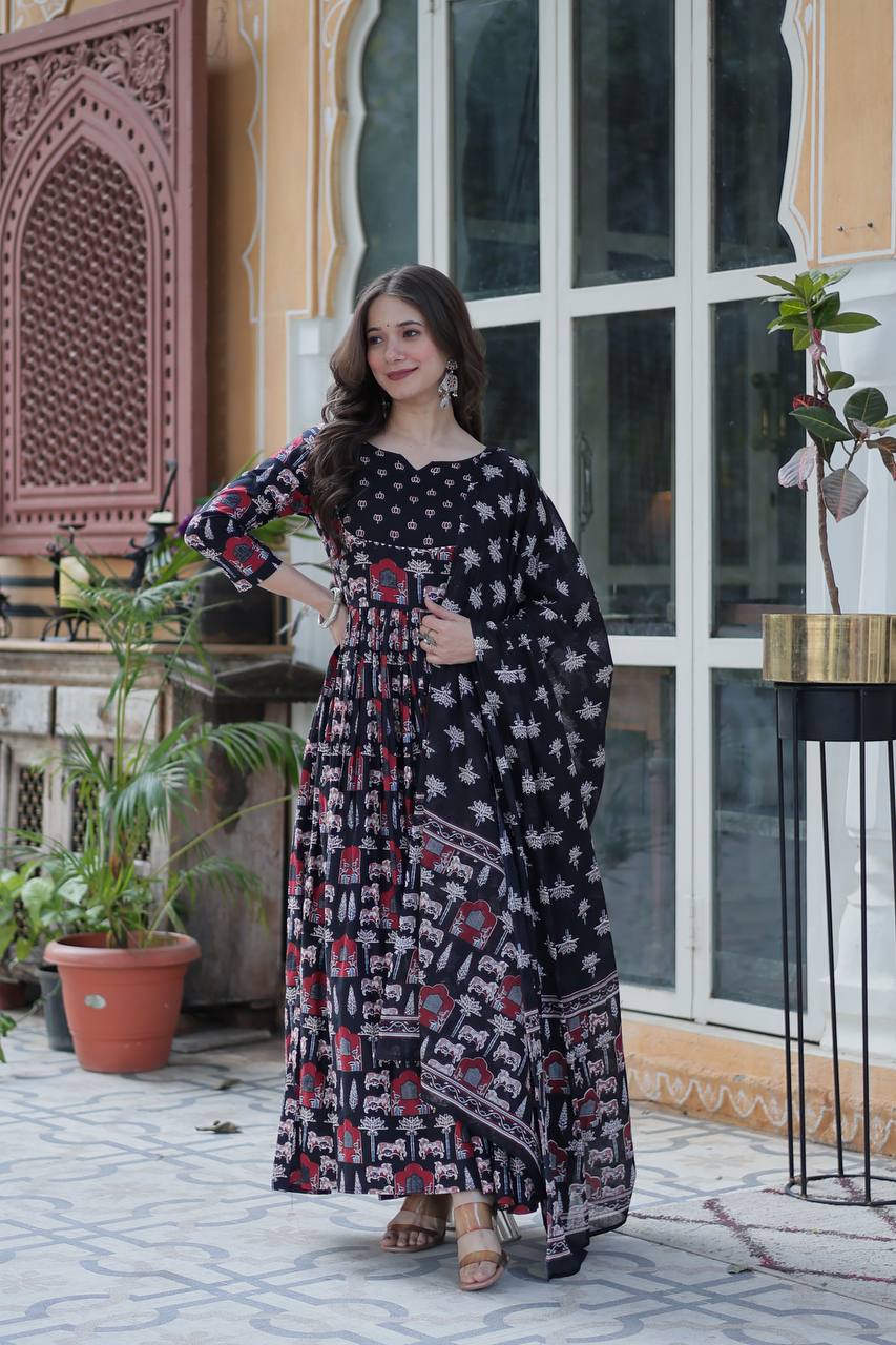 Royal Handblock Printed Cotton Anarkali Set with Dupatta