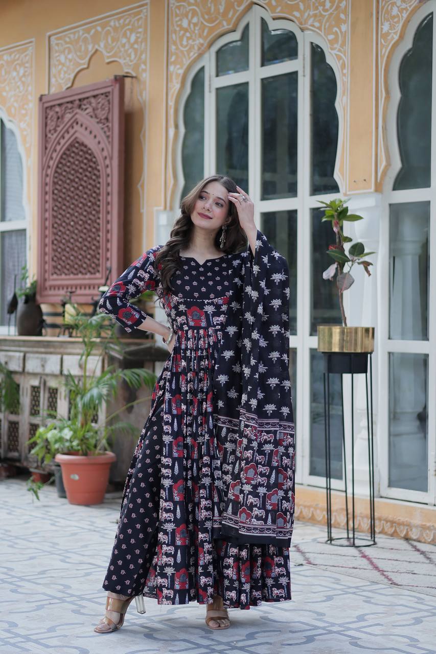 Royal Handblock Printed Cotton Anarkali Set with Dupatta
