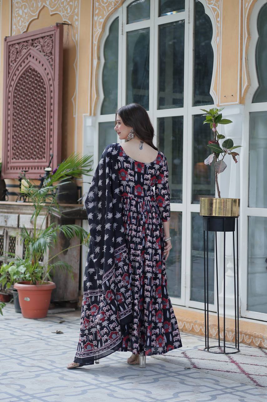 Royal Handblock Printed Cotton Anarkali Set with Dupatta