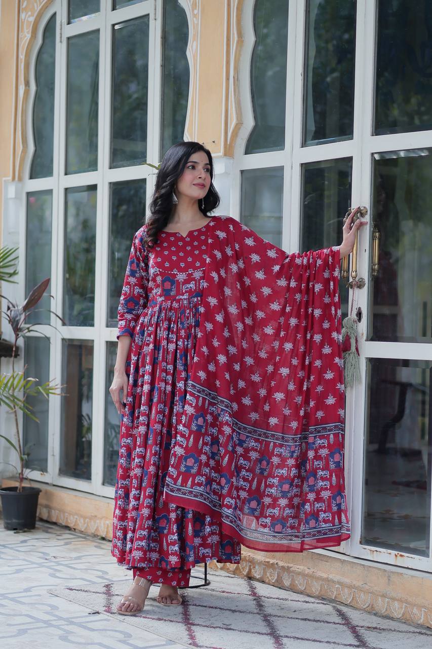 Royal Handblock Printed Cotton Anarkali Set with Dupatta