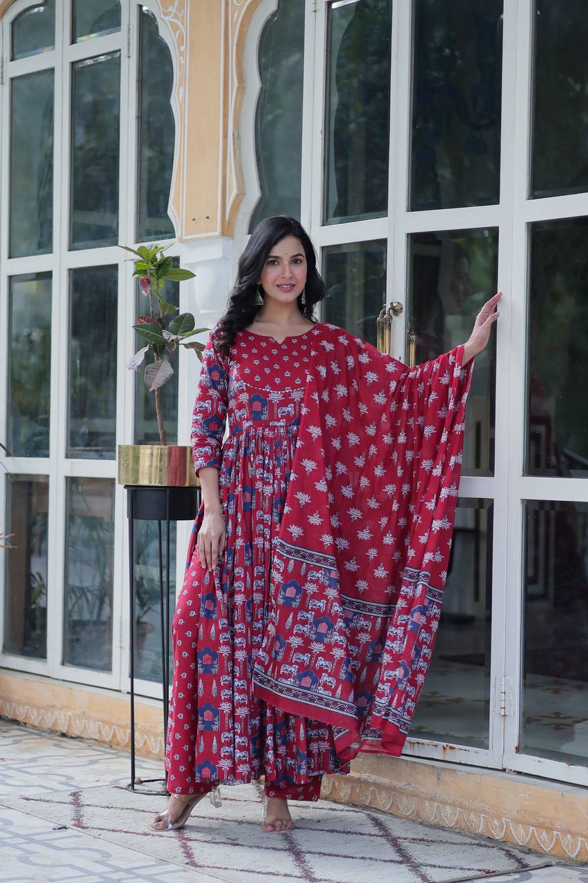 Royal Handblock Printed Cotton Anarkali Set with Dupatta