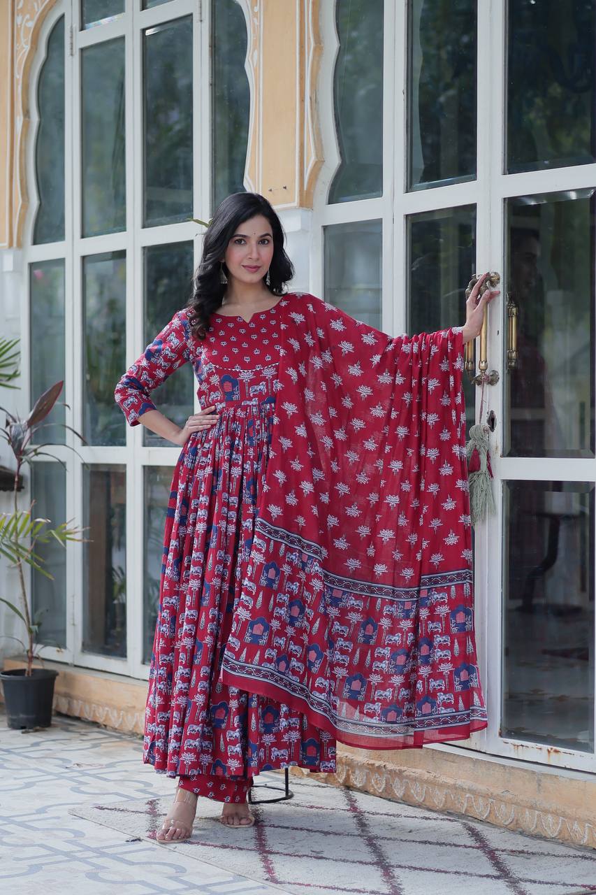 Royal Handblock Printed Cotton Anarkali Set with Dupatta