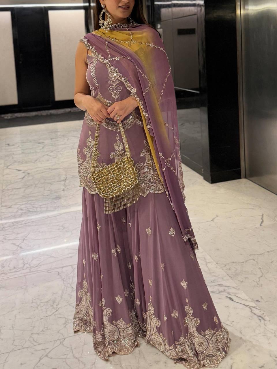 Royal Lilac Embroidered Sharara Set with Dupatta