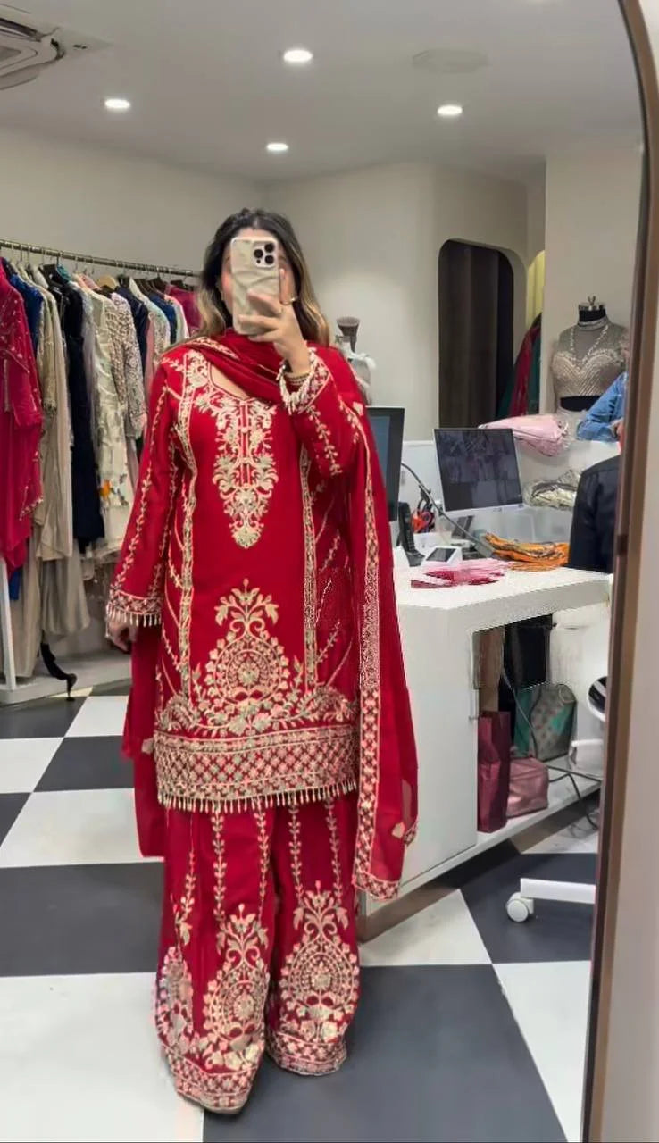 Luxury Red Embroidered Palazzo Suit Set