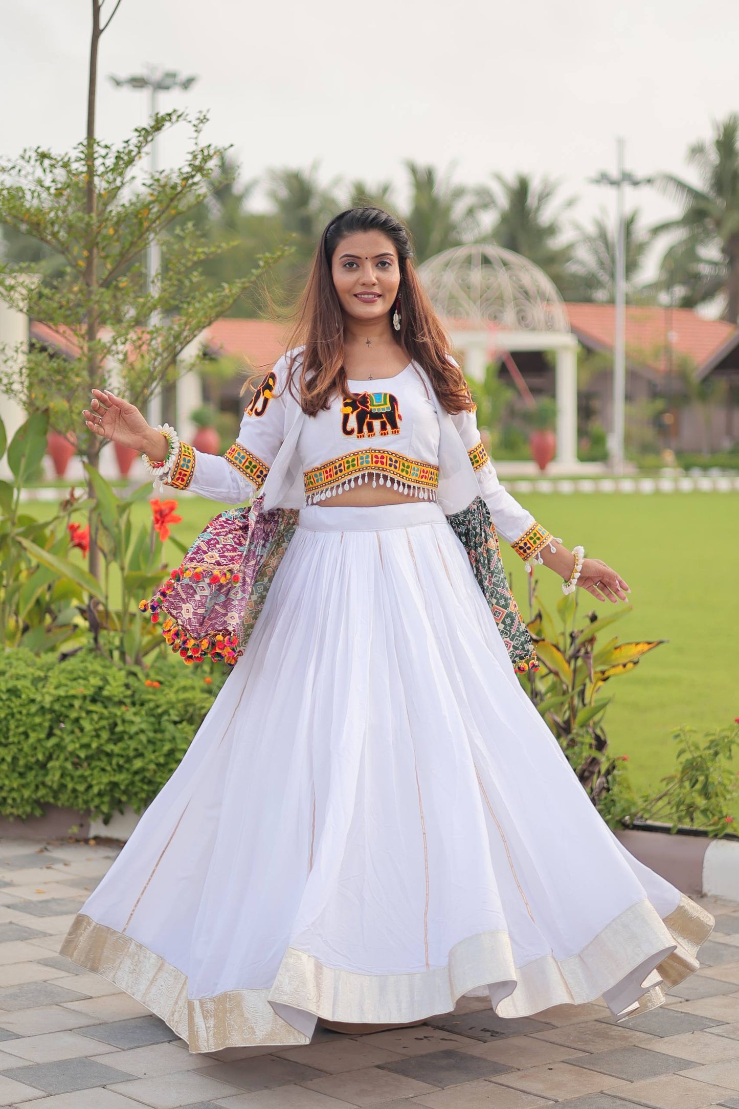White Mirror Elephant Fusion Navratri Wear
