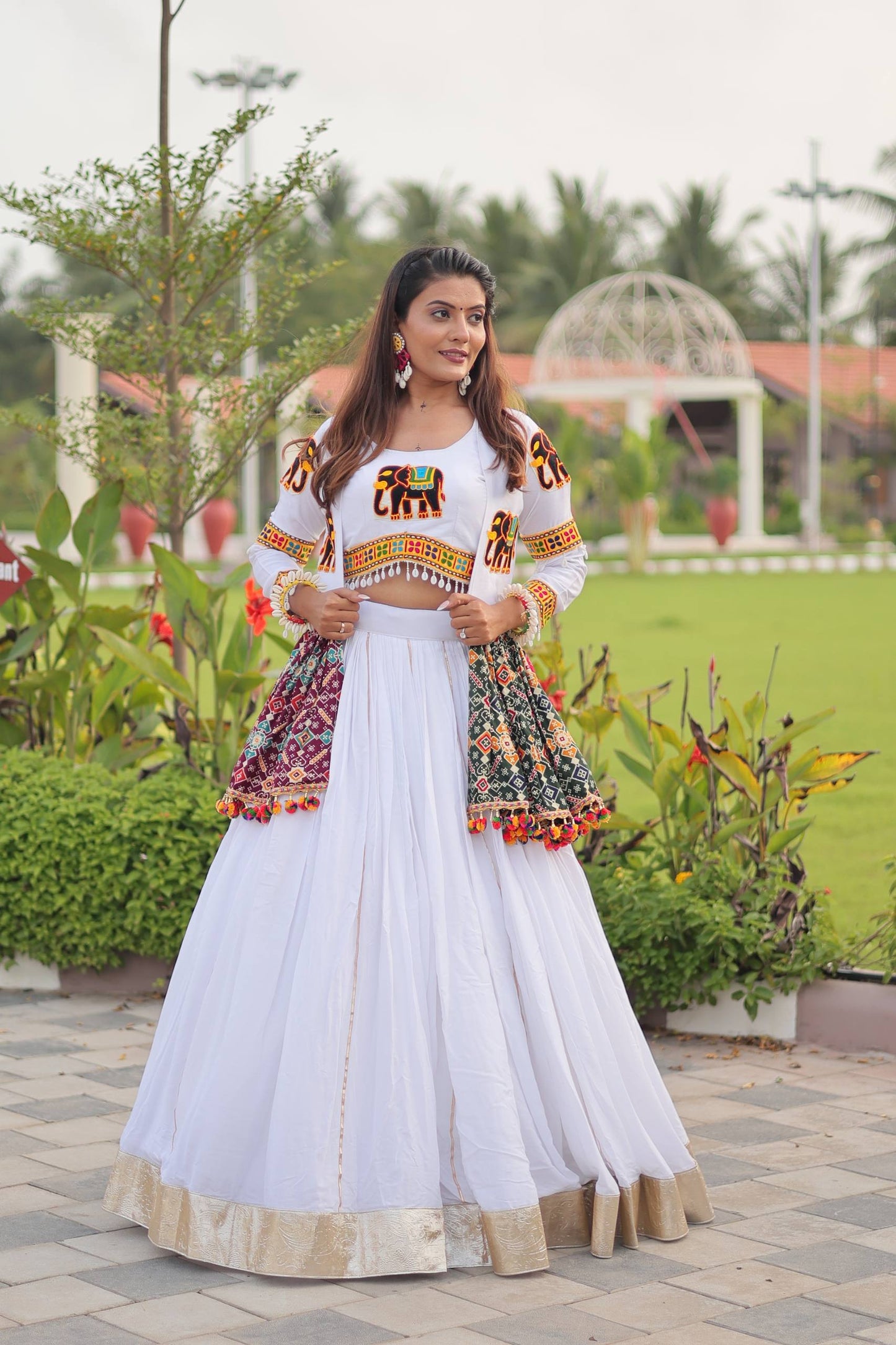 White Mirror Elephant Fusion Navratri Wear