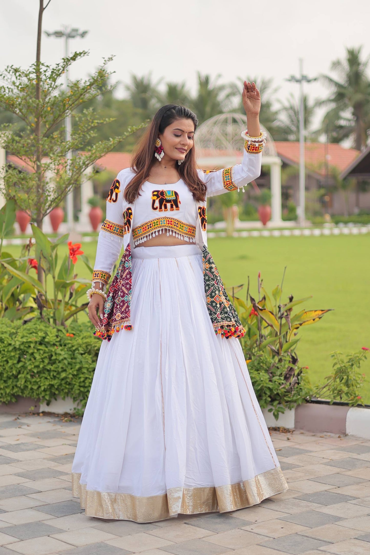 White Mirror Elephant Fusion Navratri Wear