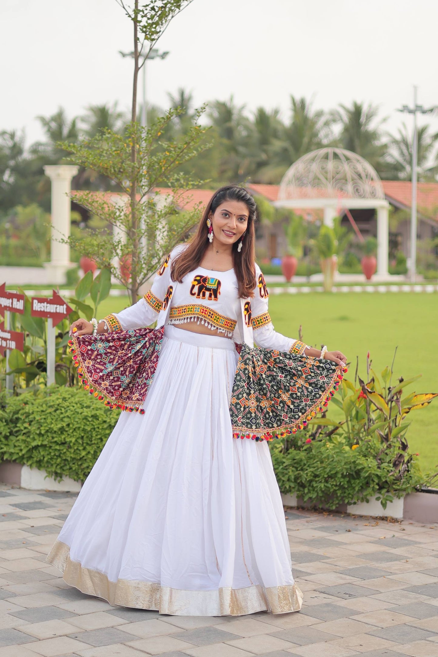 White Mirror Elephant Fusion Navratri Wear