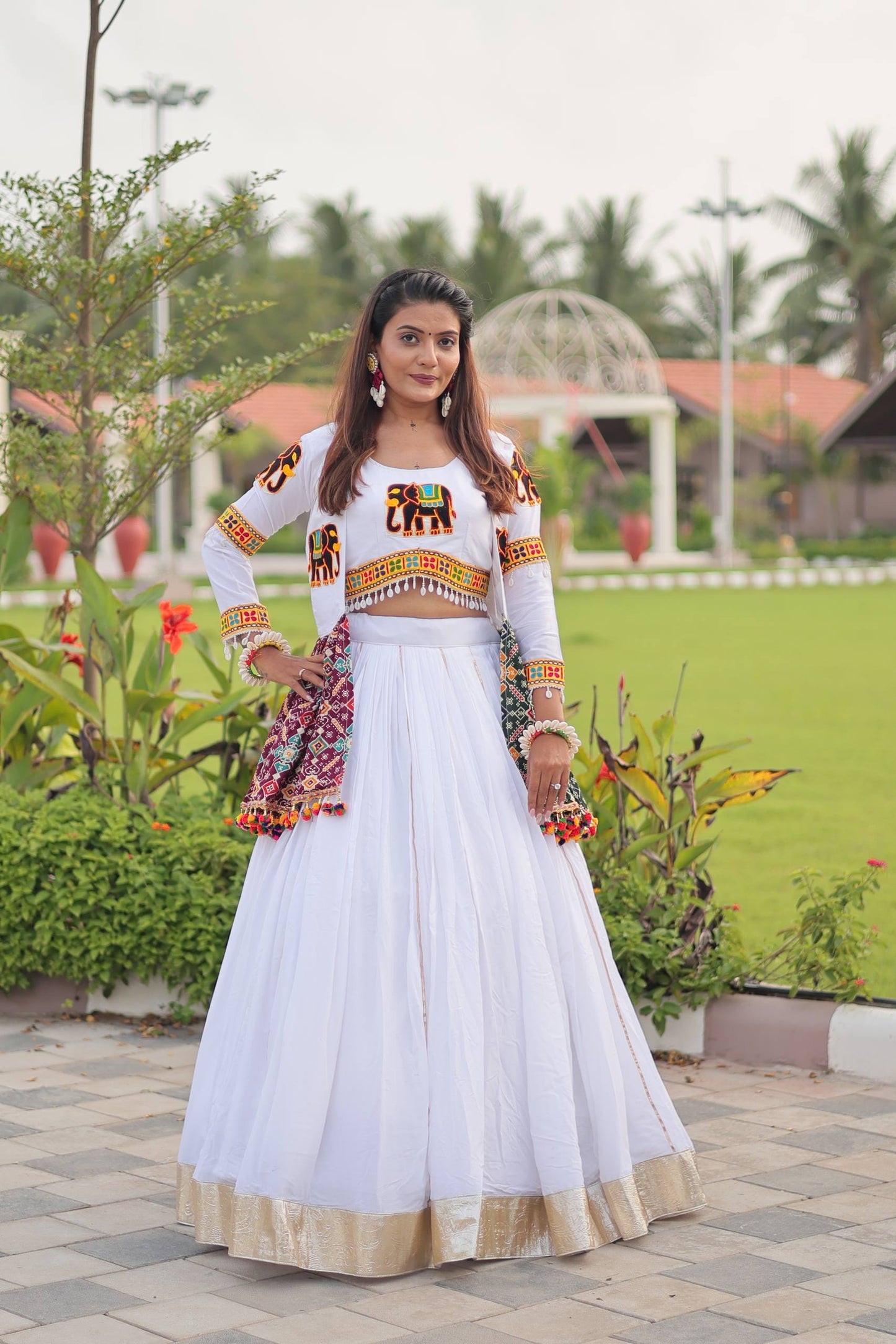 White Mirror Elephant Fusion Navratri Wear