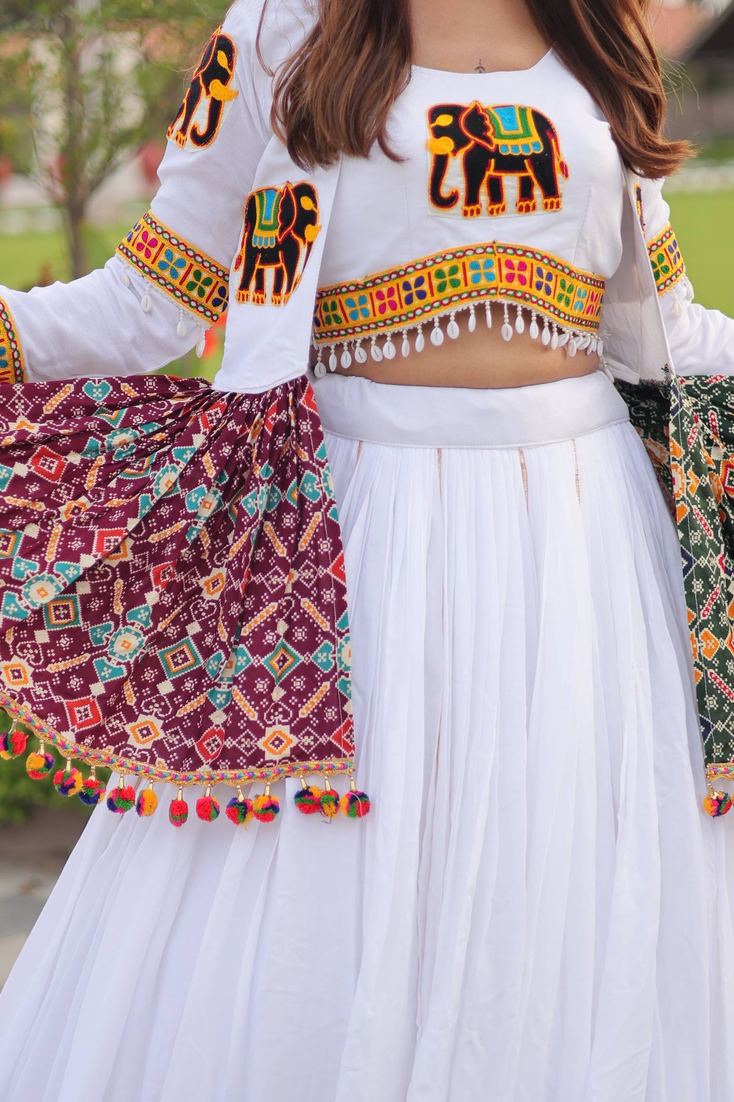 White Mirror Elephant Fusion Navratri Wear