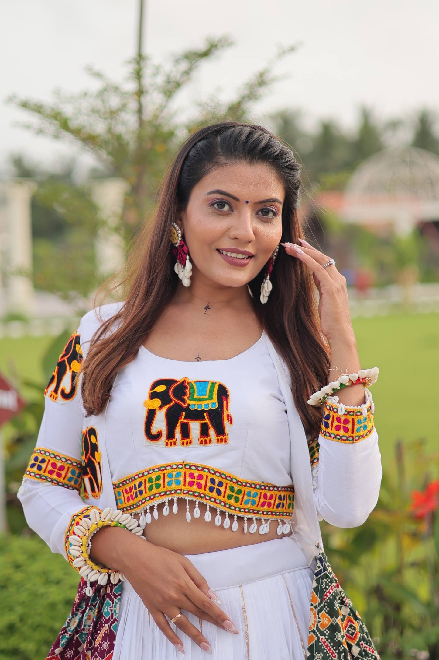 White Mirror Elephant Fusion Navratri Wear