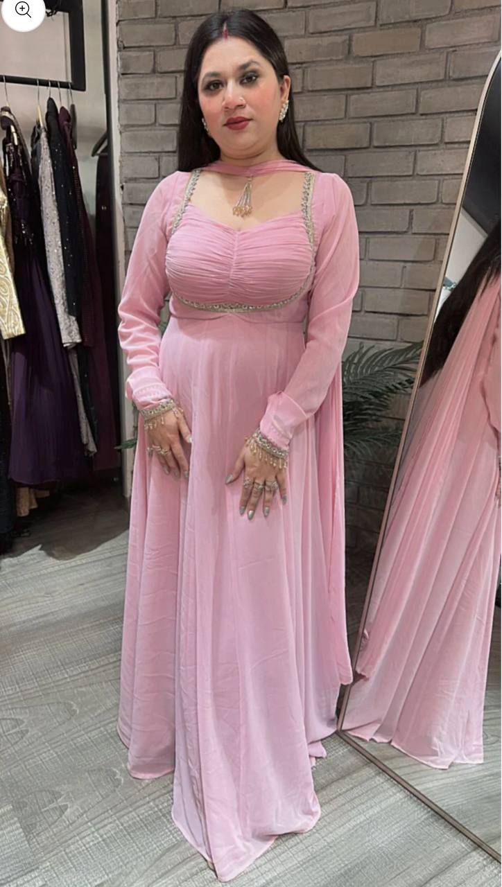 Crizzy Pink Fency Hand Moti Work Designer Gown