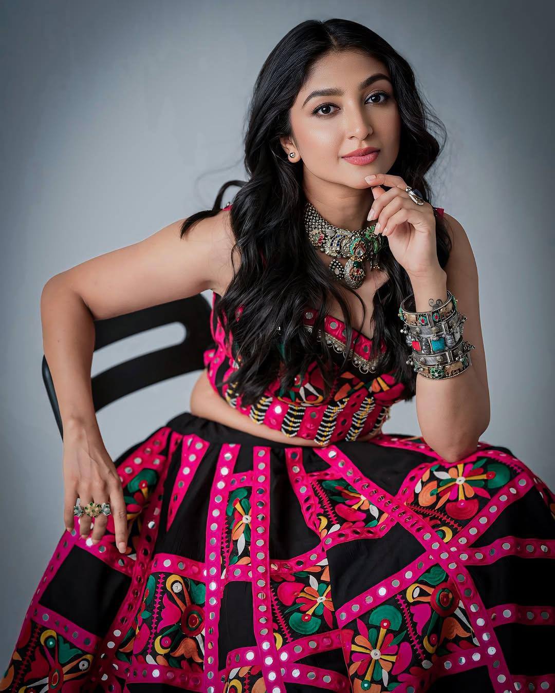 Noir Phulkari Royale Mirror-Work Navratri Lehenga Choli