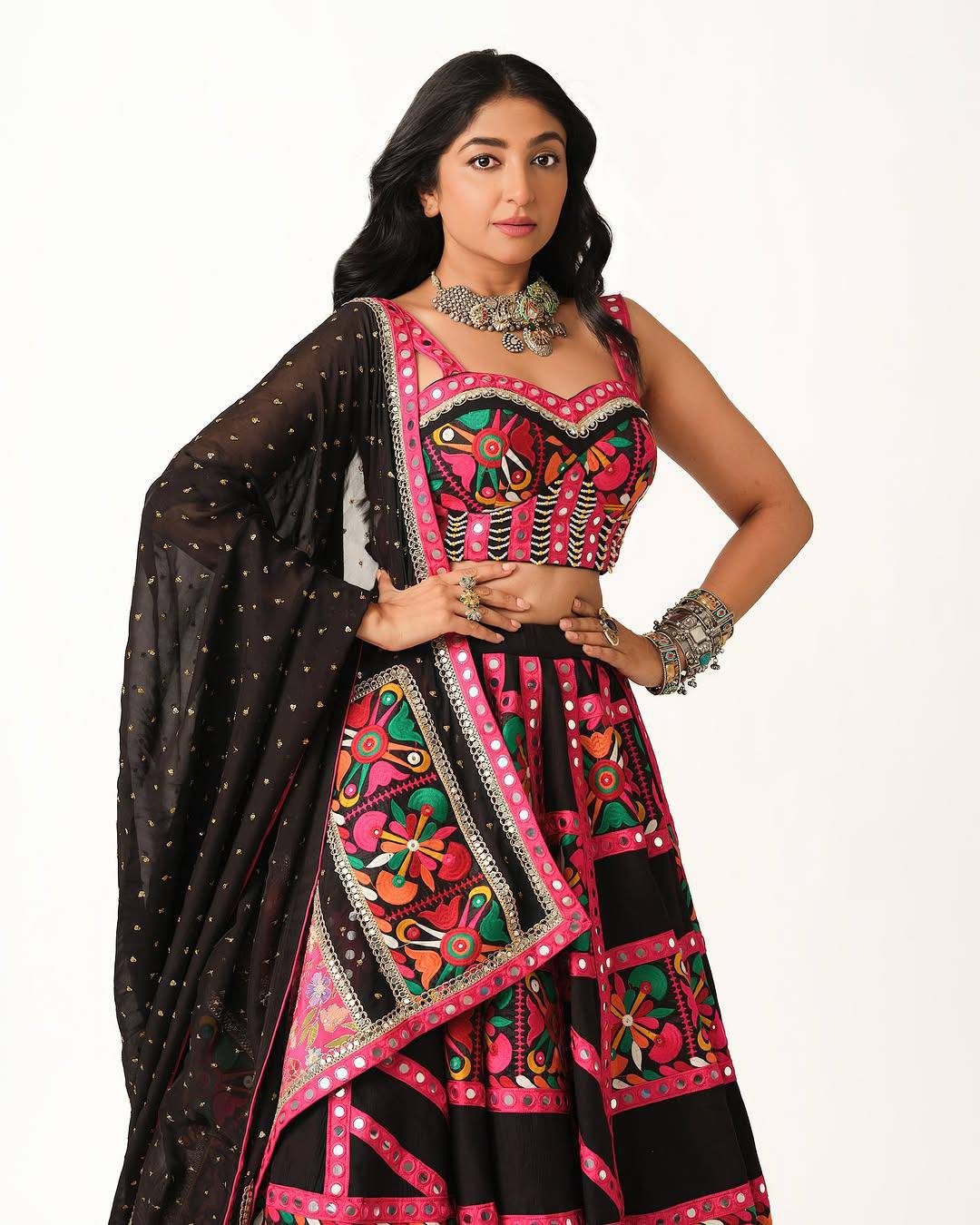 Noir Phulkari Royale Mirror-Work Navratri Lehenga Choli