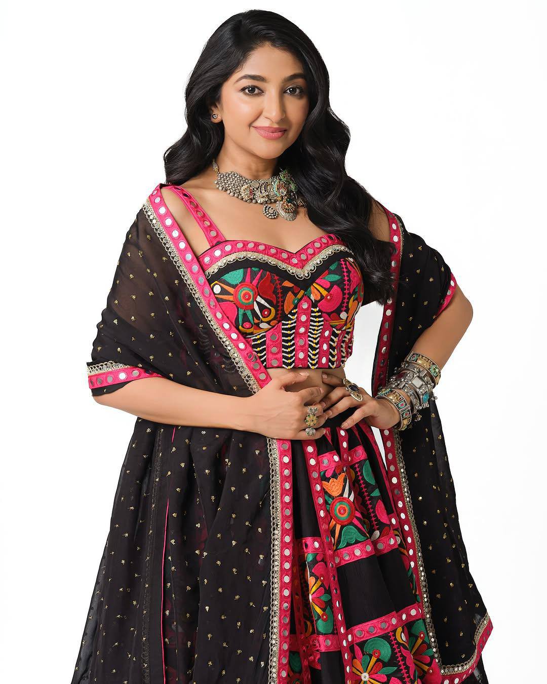 Noir Phulkari Royale Mirror-Work Navratri Lehenga Choli