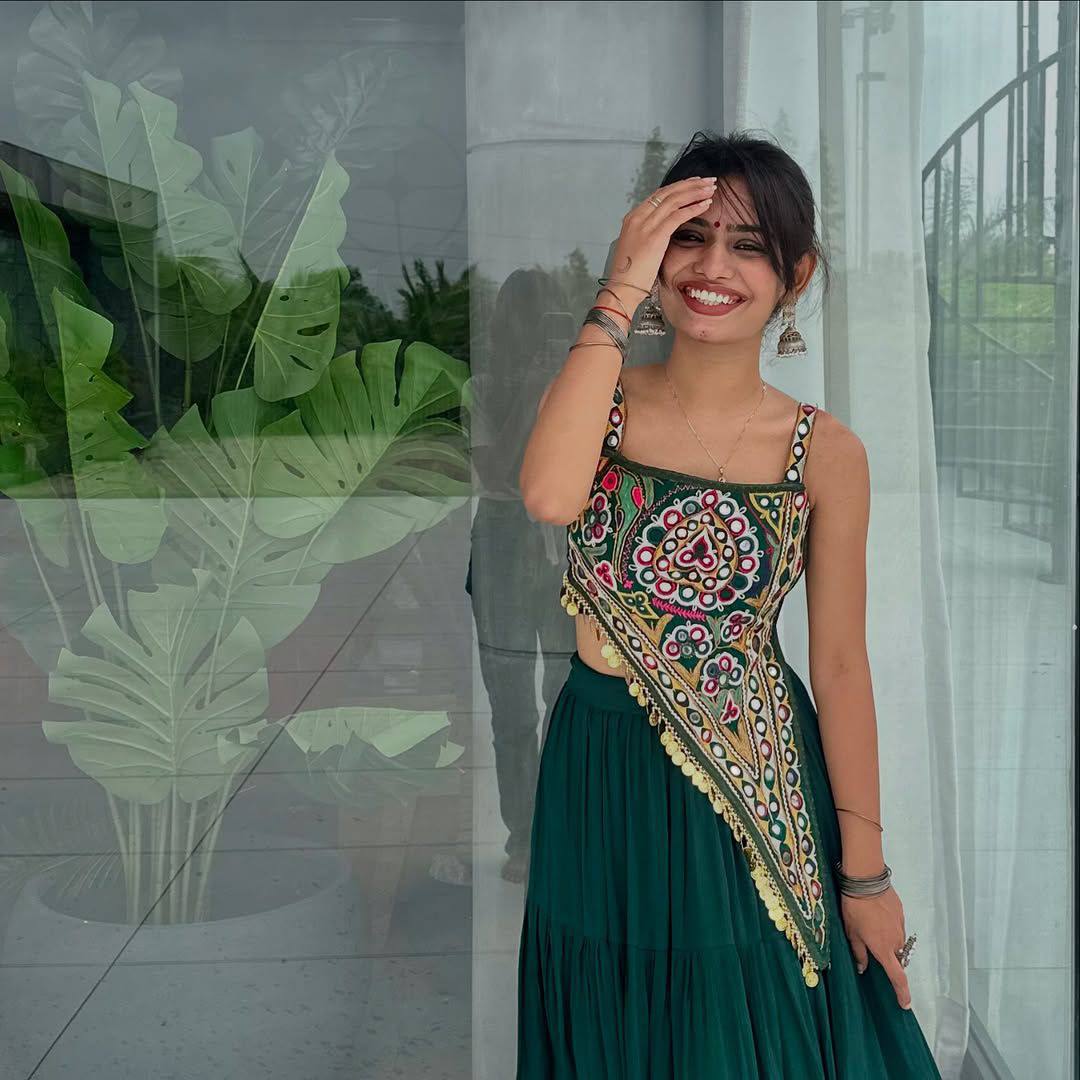 Bottle Green Mirrorwork Navratri Lahenga