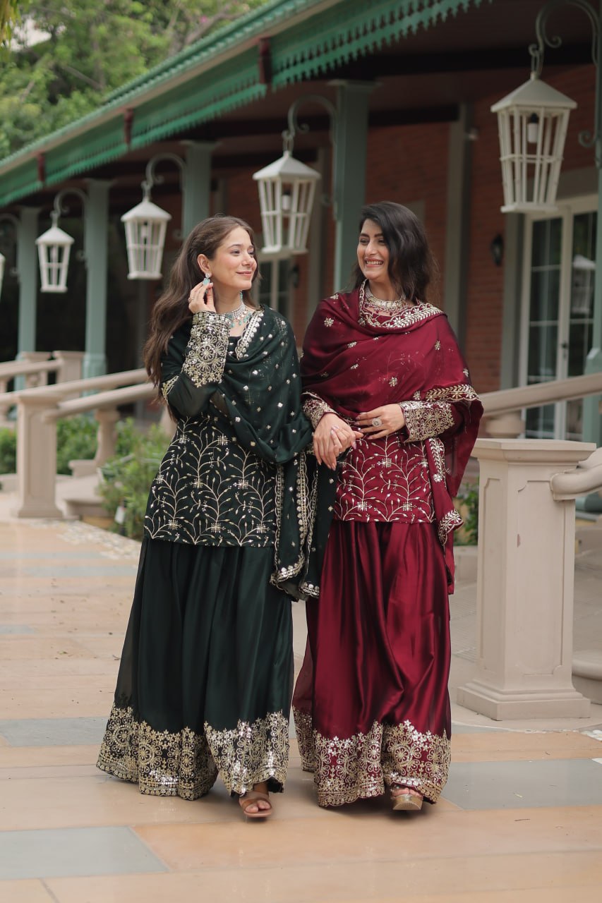 Sequins & Thread Embroidered work Rangoli Silk Kurti Plaazo Set
