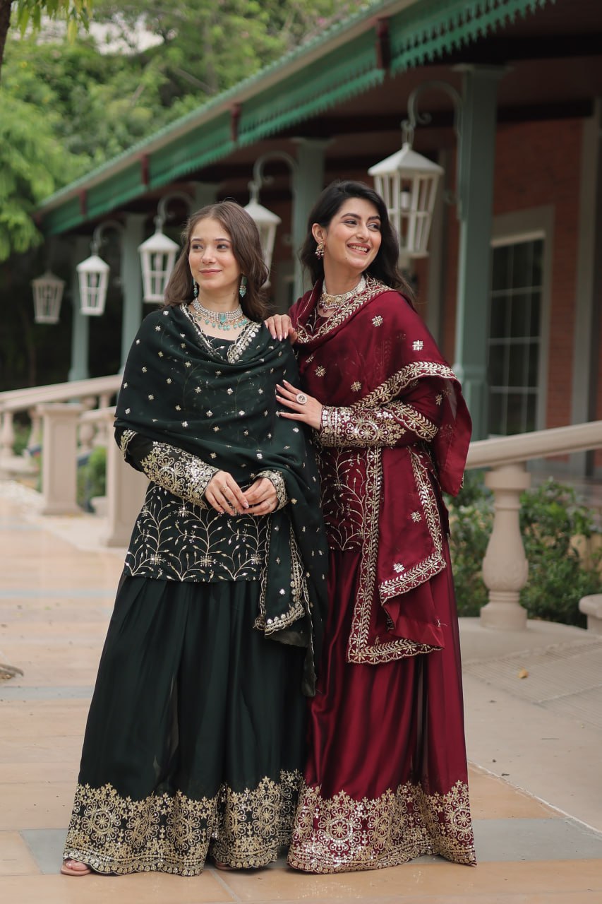 Sequins & Thread Embroidered work Rangoli Silk Kurti Plaazo Set