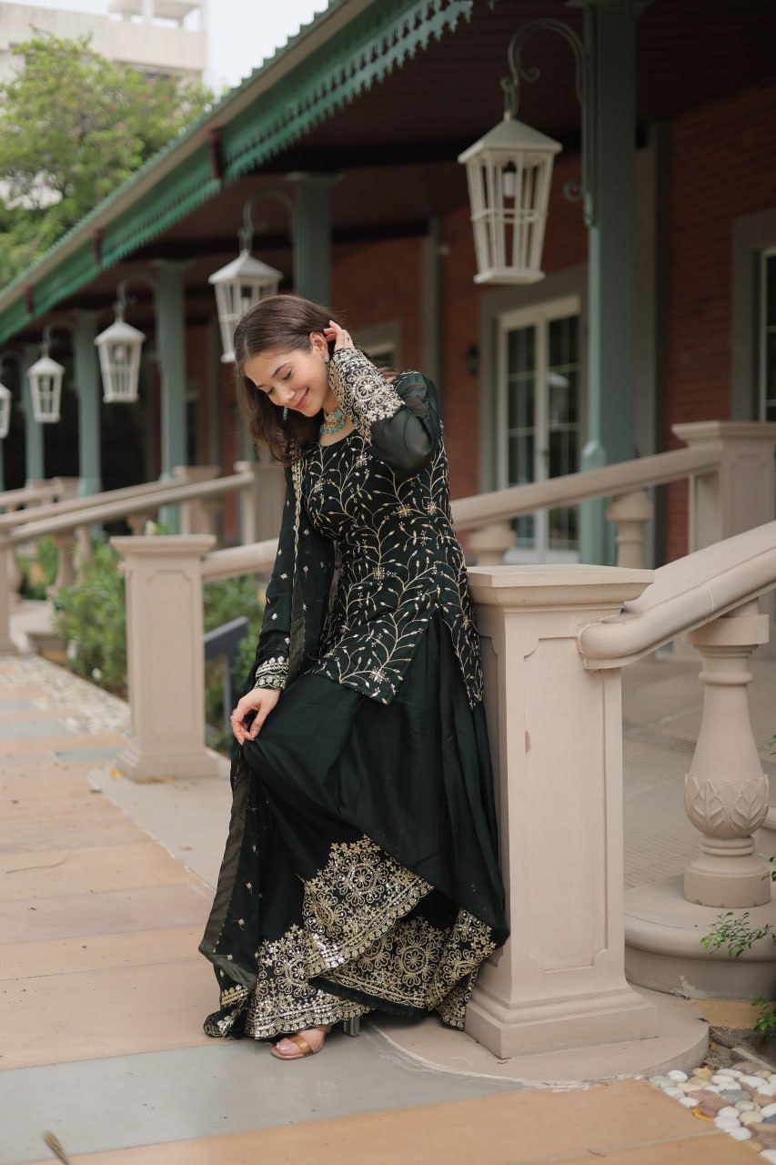 Sequins & Thread Embroidered work Rangoli Silk Kurti Plaazo Set