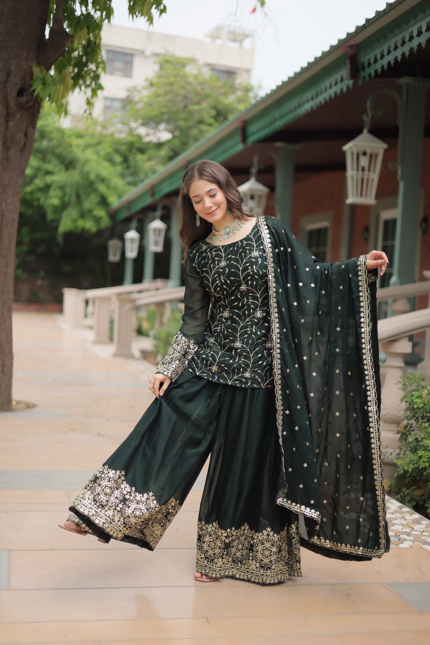 Sequins & Thread Embroidered work Rangoli Silk Kurti Plaazo Set