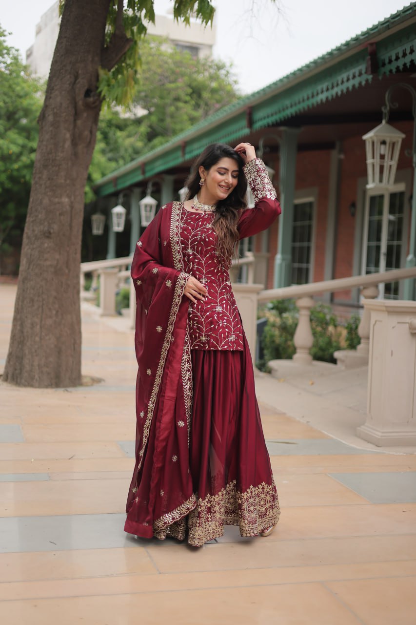 Sequins & Thread Embroidered work Rangoli Silk Kurti Plaazo Set
