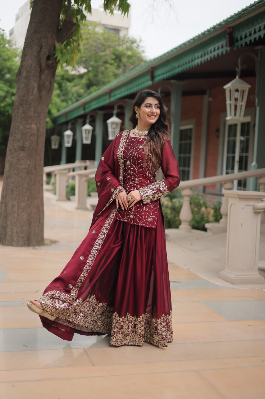Sequins & Thread Embroidered work Rangoli Silk Kurti Plaazo Set