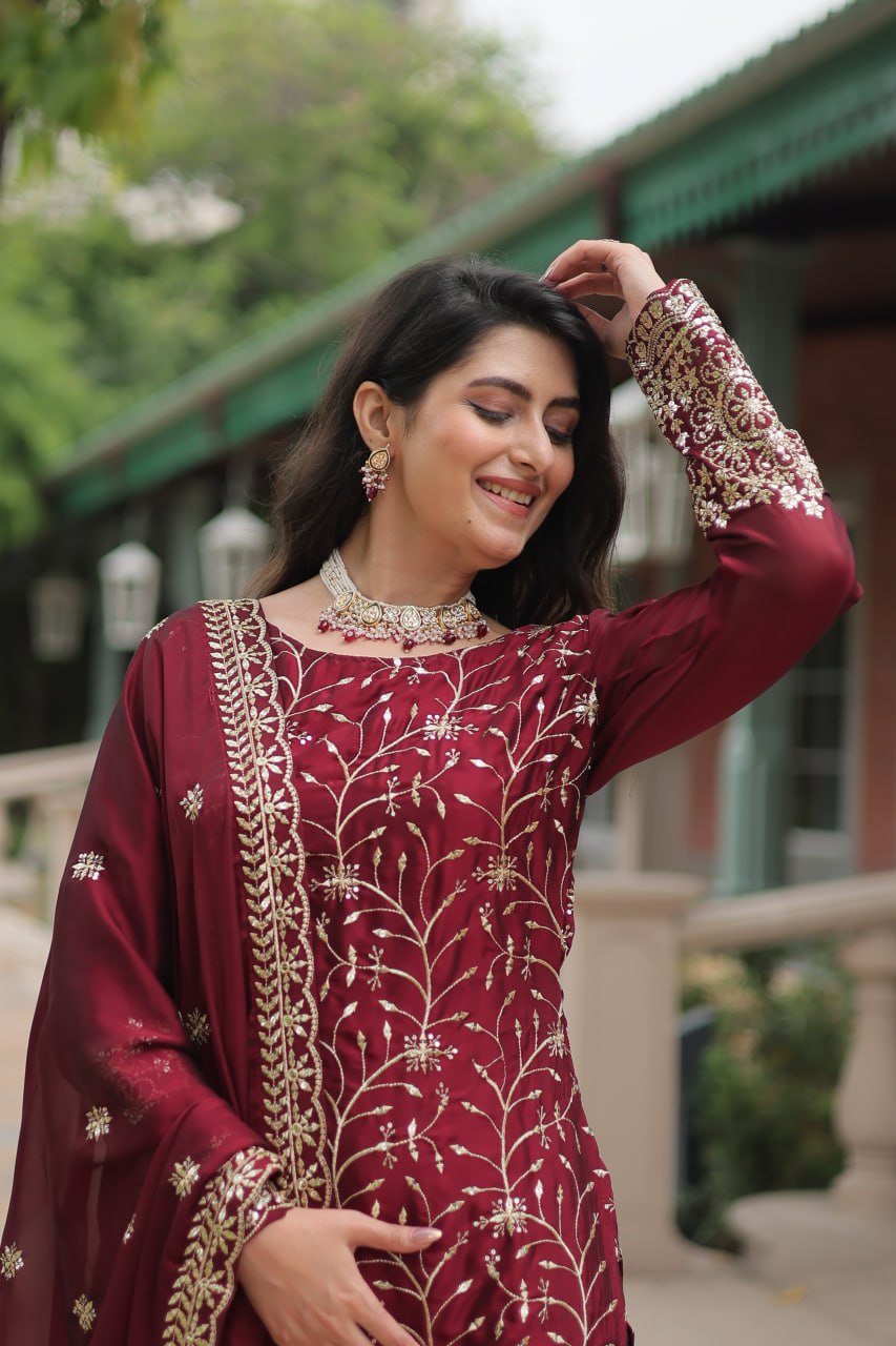 Sequins & Thread Embroidered work Rangoli Silk Kurti Plaazo Set