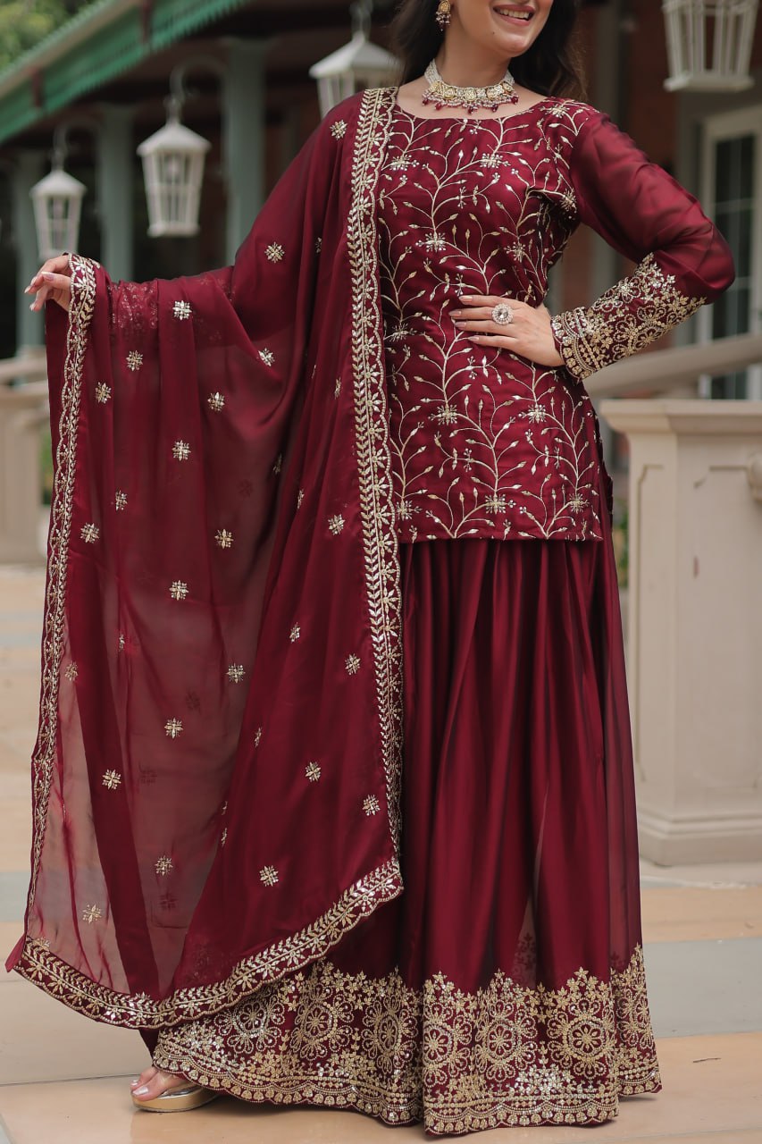Sequins & Thread Embroidered work Rangoli Silk Kurti Plaazo Set