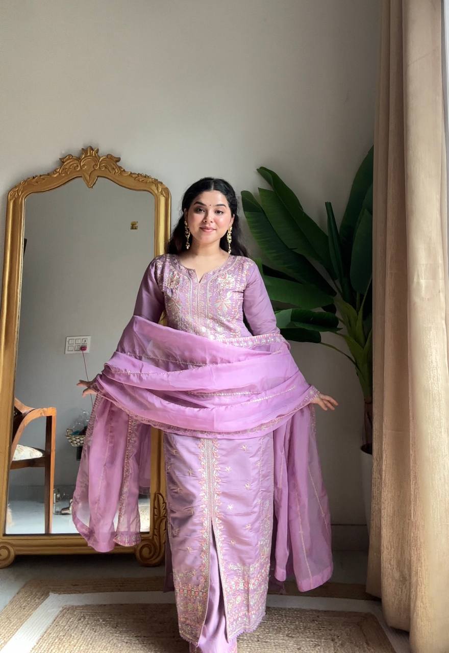 Raina Lavender Silk Embroidered Suit Set