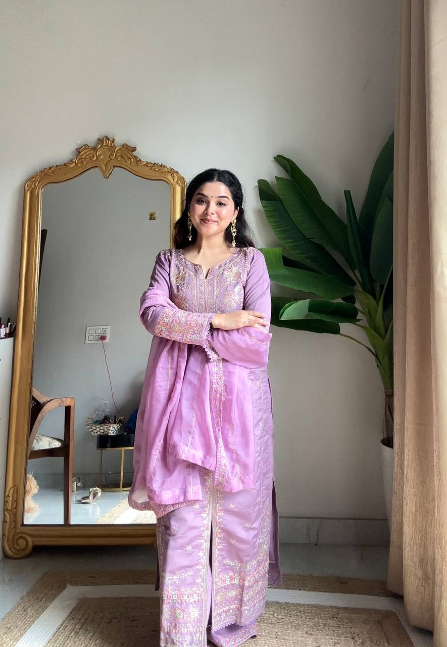 Raina Lavender Silk Embroidered Suit Set