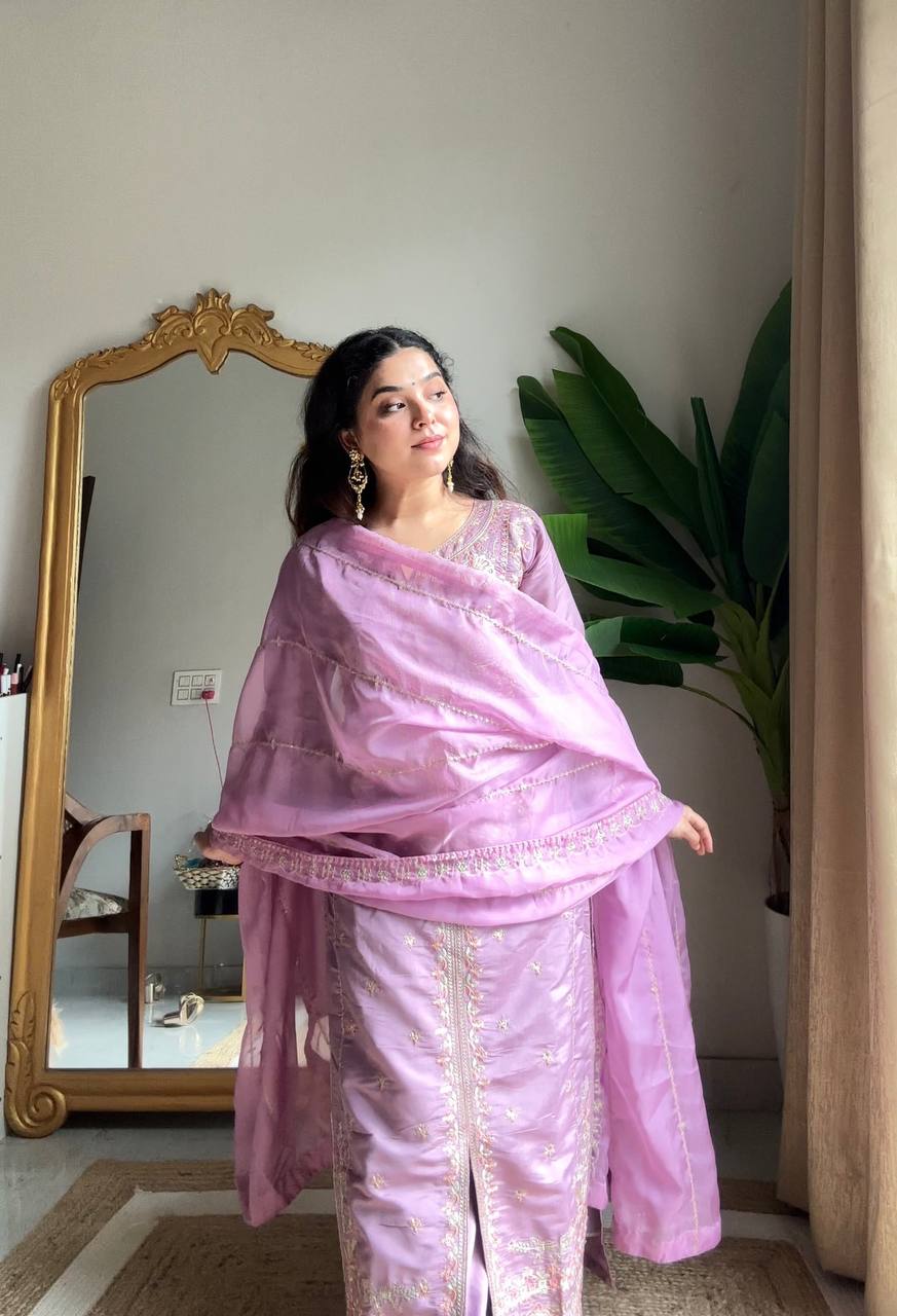 Raina Lavender Silk Embroidered Suit Set