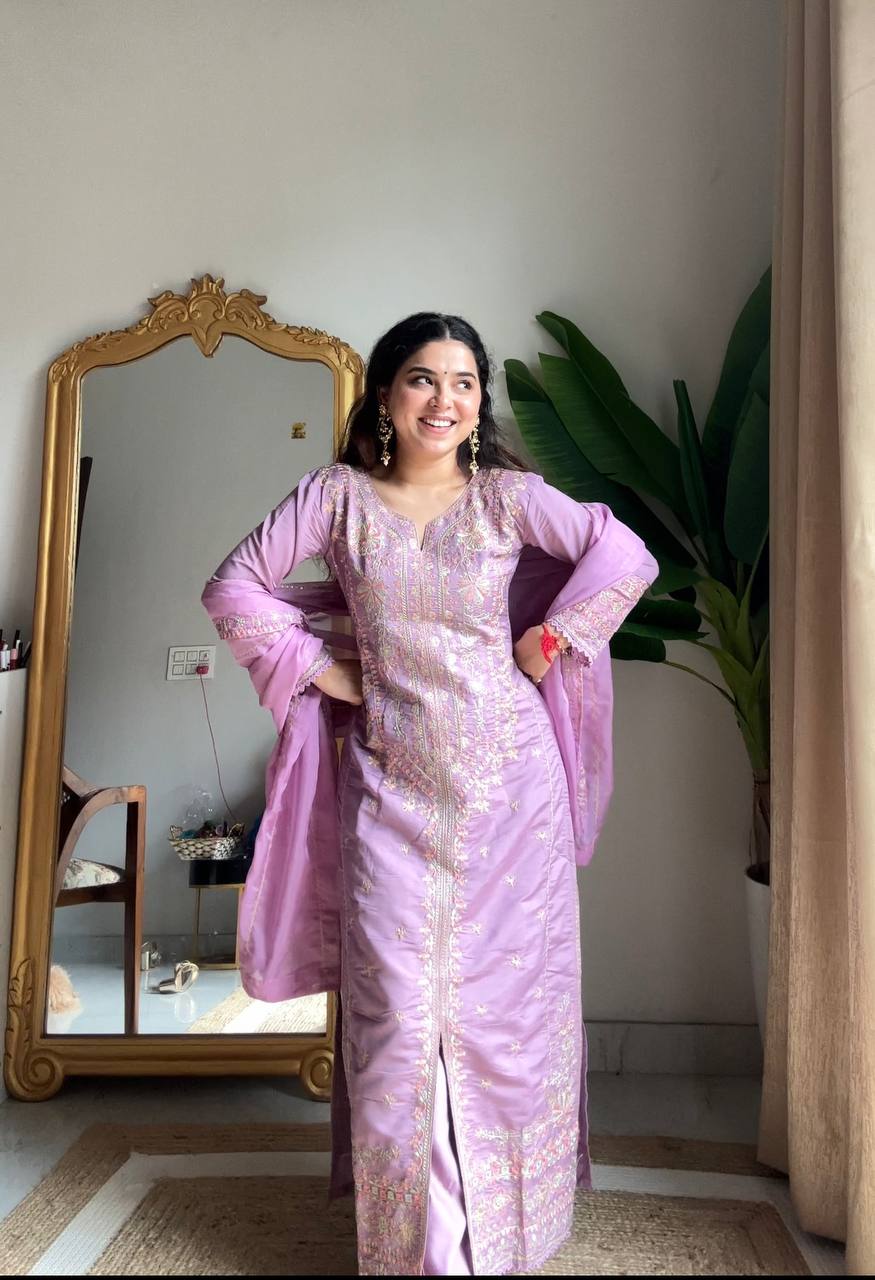 Raina Lavender Silk Embroidered Suit Set