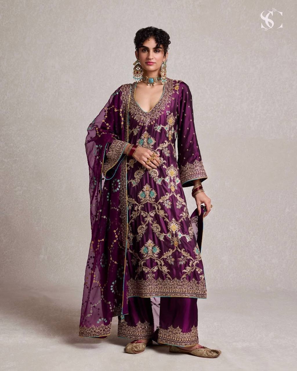 Royal Plum Grandeur Purple Pakistani Chinnon Silk Suit Set