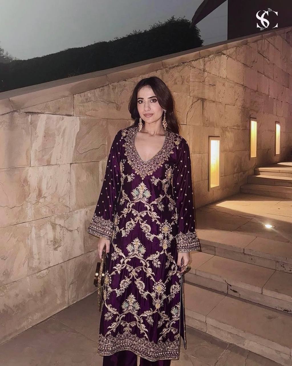 Royal Plum Grandeur Purple Pakistani Chinnon Silk Suit Set