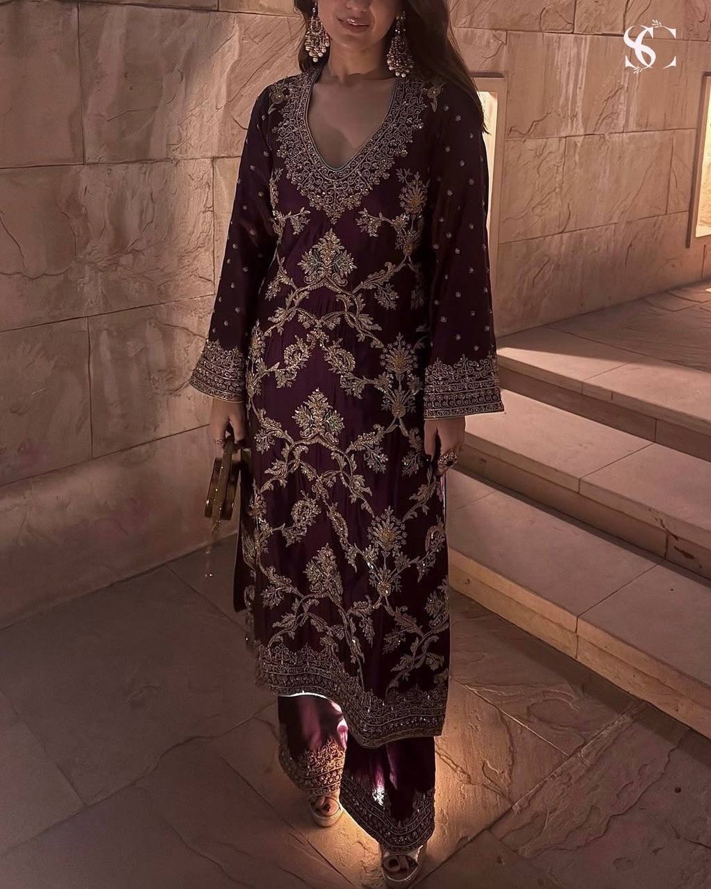 Royal Plum Grandeur Purple Pakistani Chinnon Silk Suit Set