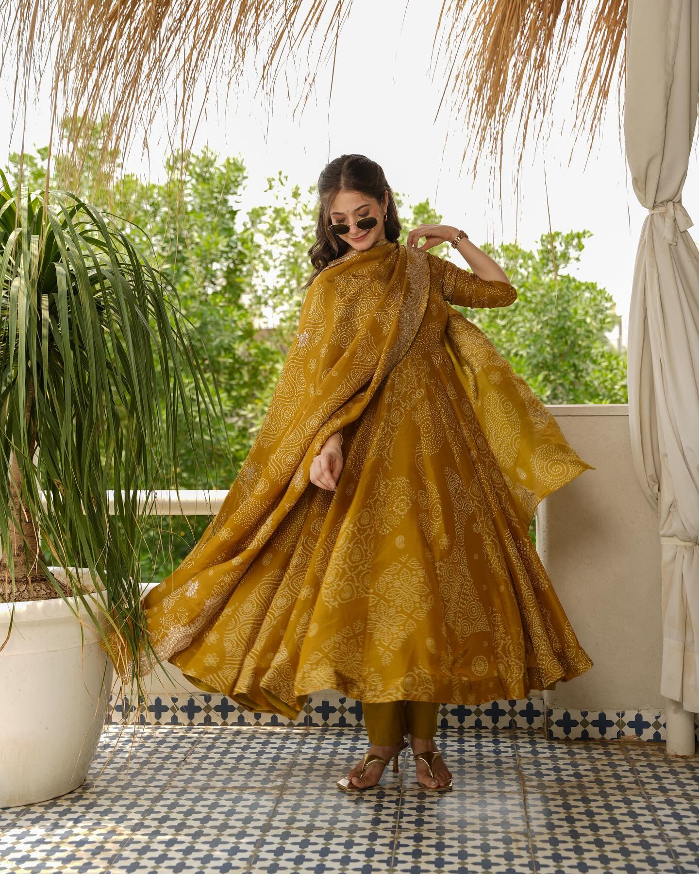 Maitry Bandhani Mehandi Color Anarkali Suit Set