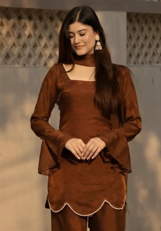 Arzana Cocoa - Pearl  Luxe Luminous Suit Set