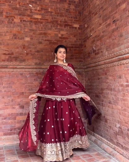 Aleeza Maroon Zari Dori Anarkali Gown Set