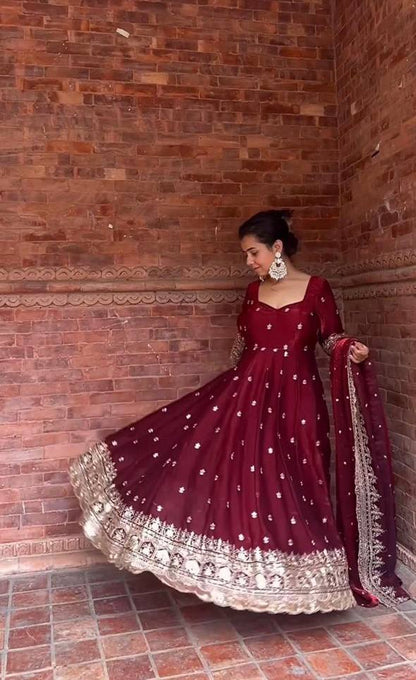 Aleeza Maroon Zari Dori Anarkali Gown Set