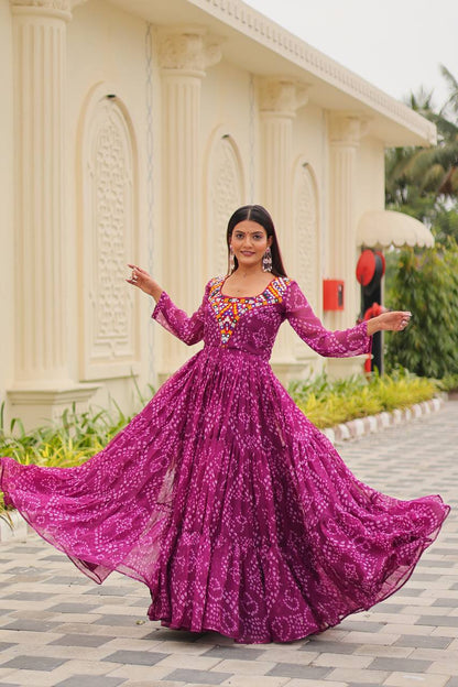 Suhani Raas Ready Bandhej   with Mirror Patch  Gown