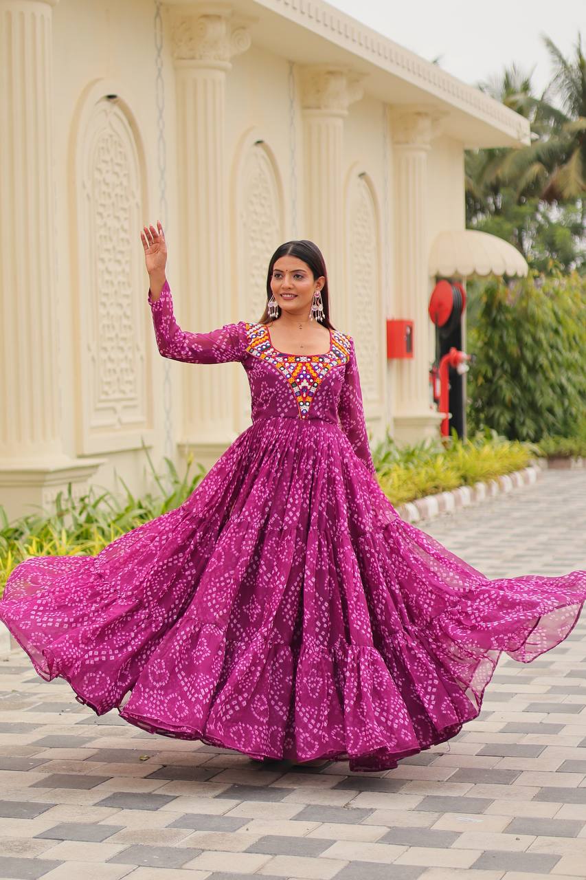 Suhani Raas Ready Bandhej   with Mirror Patch  Gown