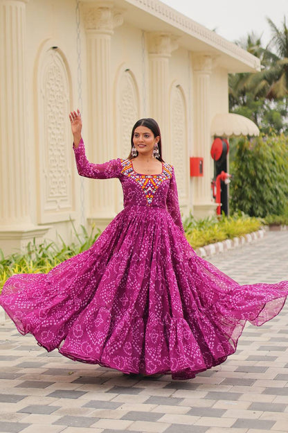 Suhani Raas Ready Bandhej   with Mirror Patch  Gown