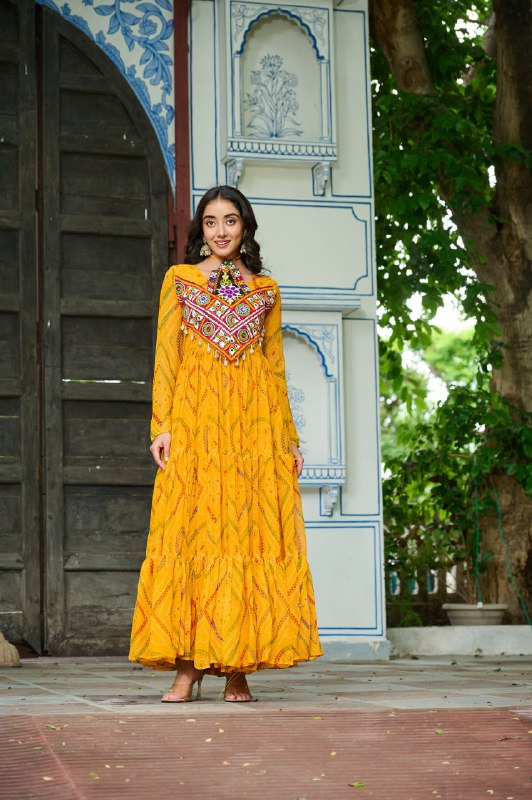 Rangriti Vibe Bandhani with Kutchi Work  Navratri Gowns
