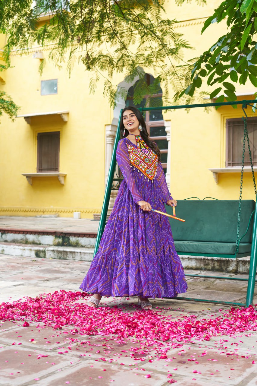 Rangriti Vibe Bandhani with Kutchi Work  Navratri Gowns