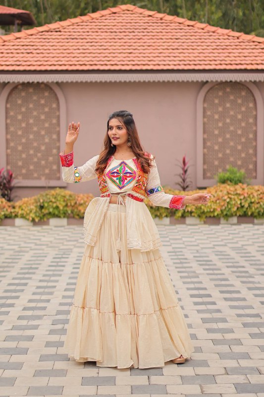 Garba Glow Cream Tiered Lehenga with Kutchi Jacket